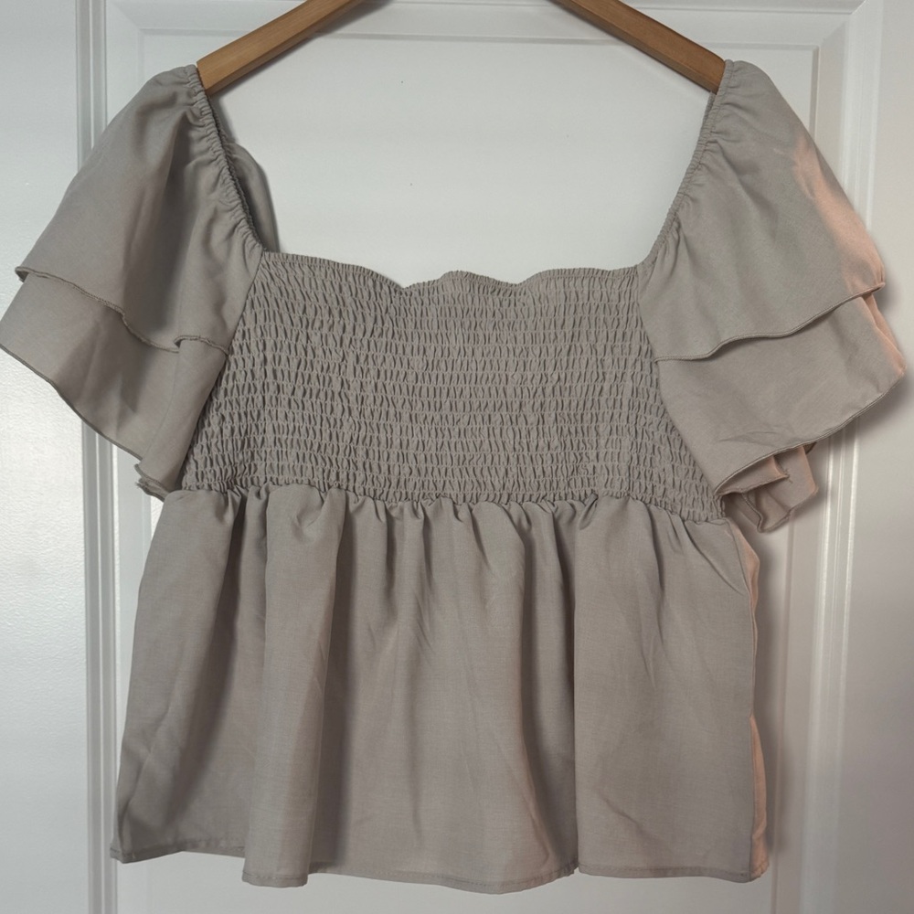 NWT Discreet Beige Smocked Off-Shoulder Flutter Sleeve Top
